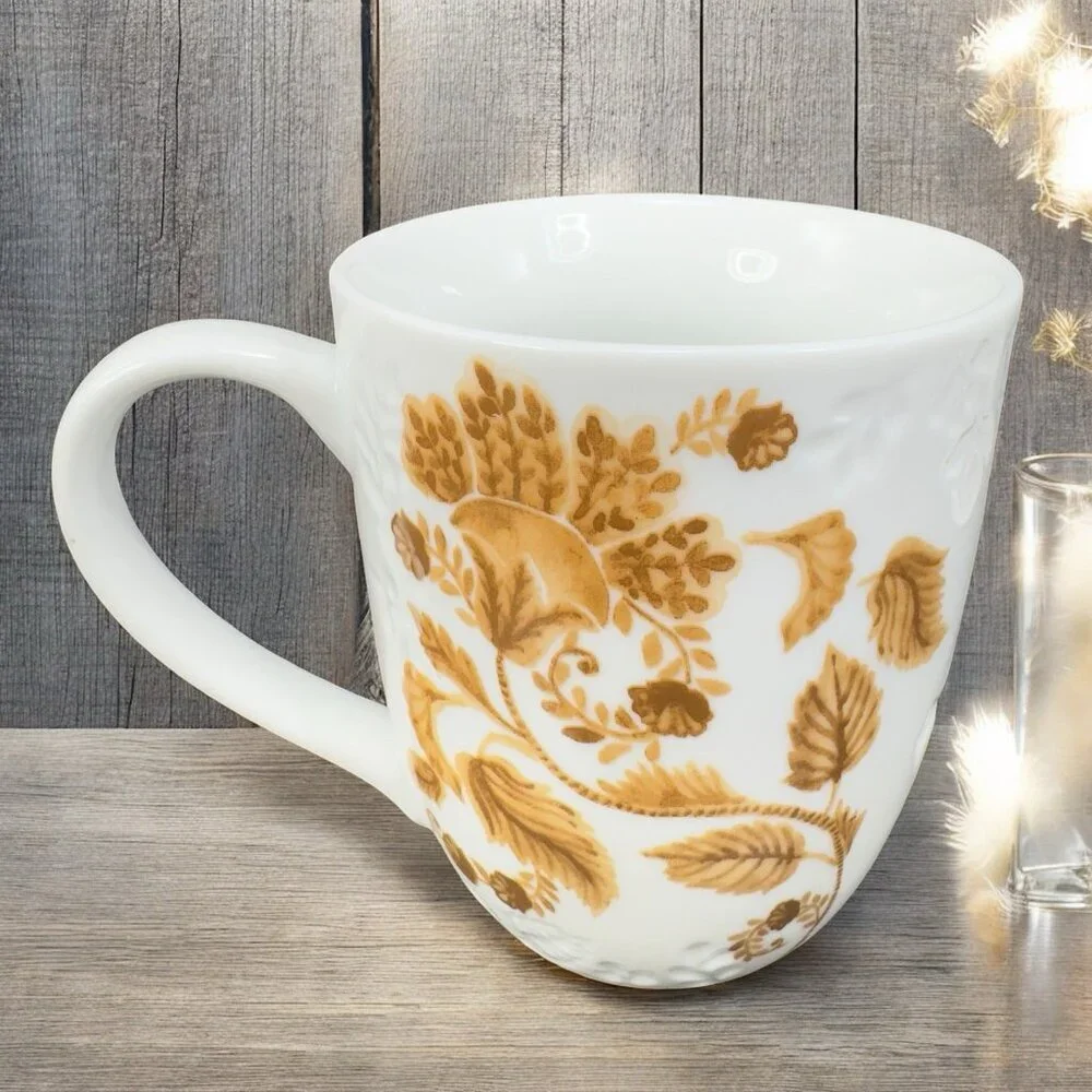 Pier 1 Porcelain Coffee Mug Cup Initial Letter‎ J Monogram Brown Leafs Pattern